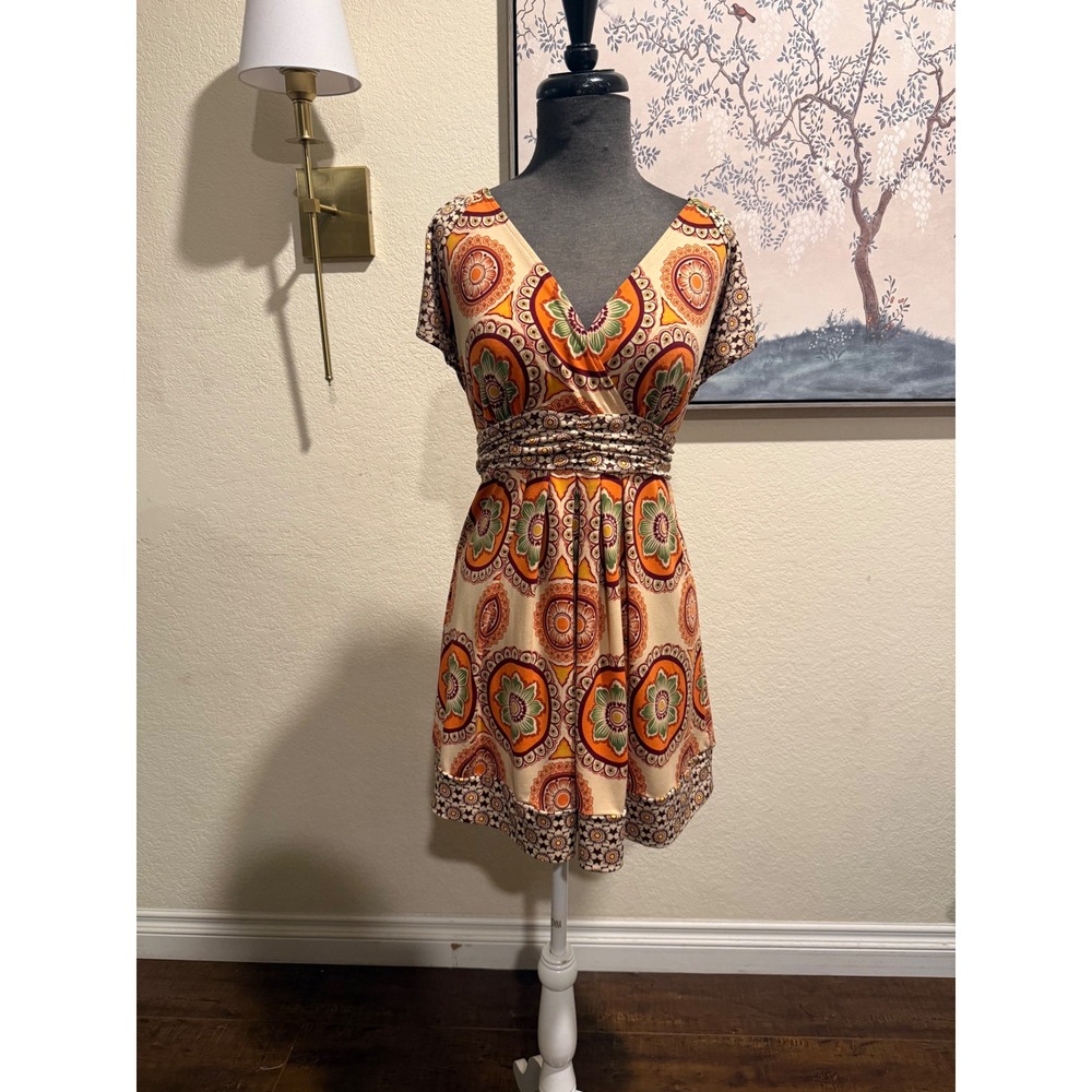 Boho Medallion Print V-Neck Empire Waist Mini Dress Orange Green Cream - Picture 2 of 4